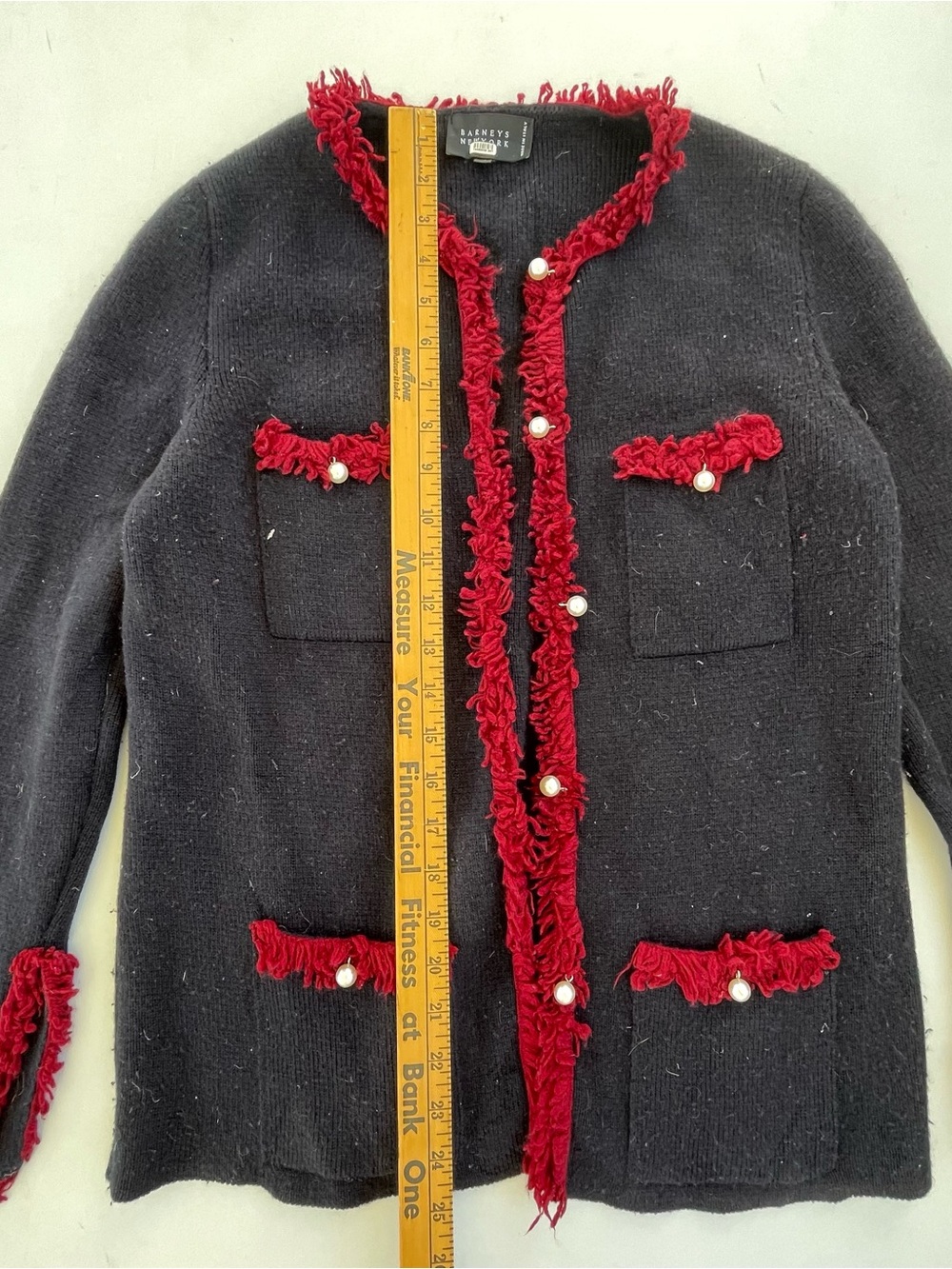 Barneys New York 100% Cashmere Cardigan XS Italy Black Red Fringe Pearl Y2K - Picture 3 of 9